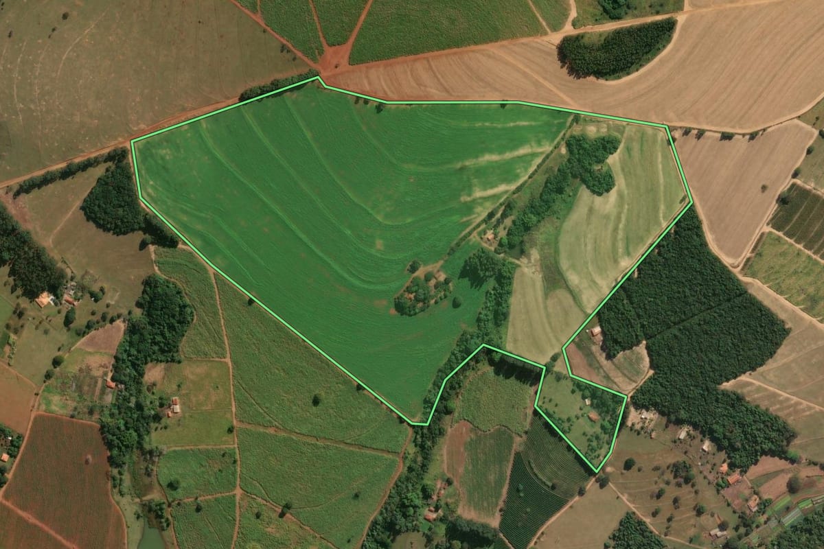 Imagem de satélite do imóvel rural em Cajuru (SP), com o contorno declarado no CAR desenhado por cima.