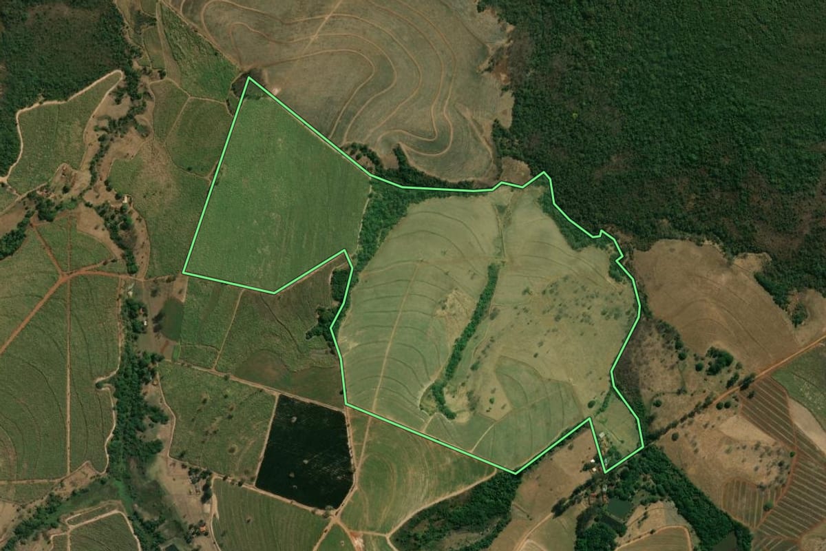 Imagem de satélite do imóvel rural em Cajuru (SP), com o contorno declarado no CAR desenhado por cima.