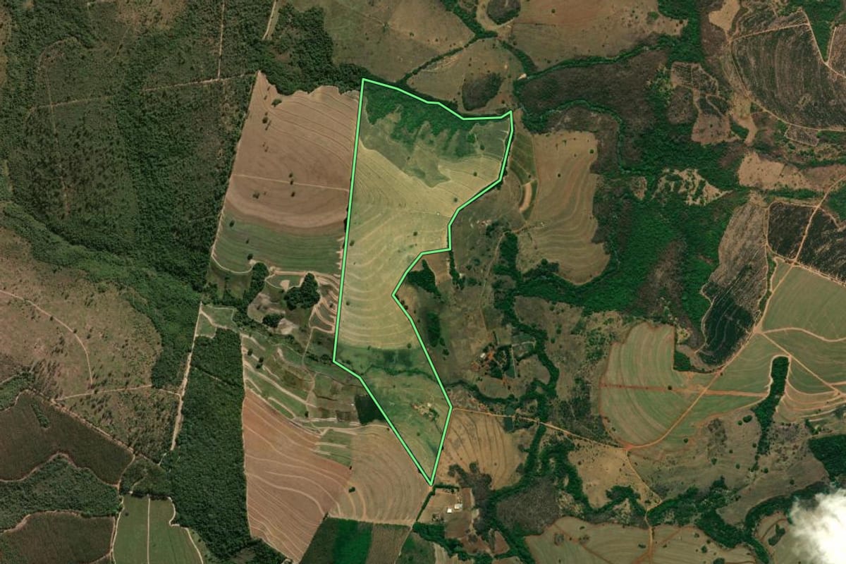 Imagem de satélite do imóvel rural em Cajuru (SP), com o contorno declarado no CAR desenhado por cima.