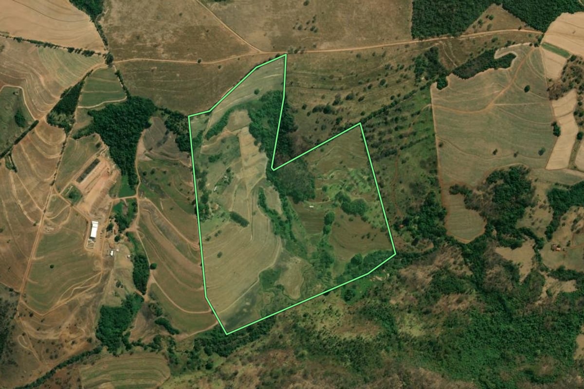 Imagem de satélite do imóvel rural em Cajuru (SP), com o contorno declarado no CAR desenhado por cima.