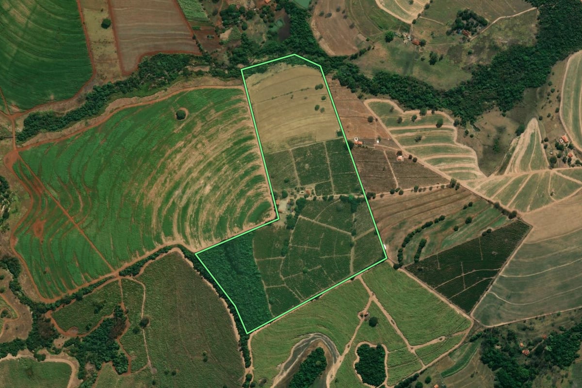 Imagem de satélite do imóvel rural em Cajuru (SP), com o contorno declarado no CAR desenhado por cima.