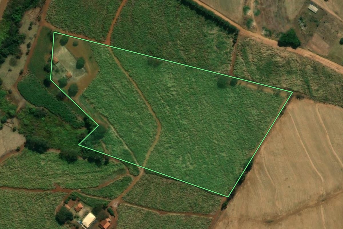 Imagem de satélite do imóvel rural em Cajuru (SP), com o contorno declarado no CAR desenhado por cima.