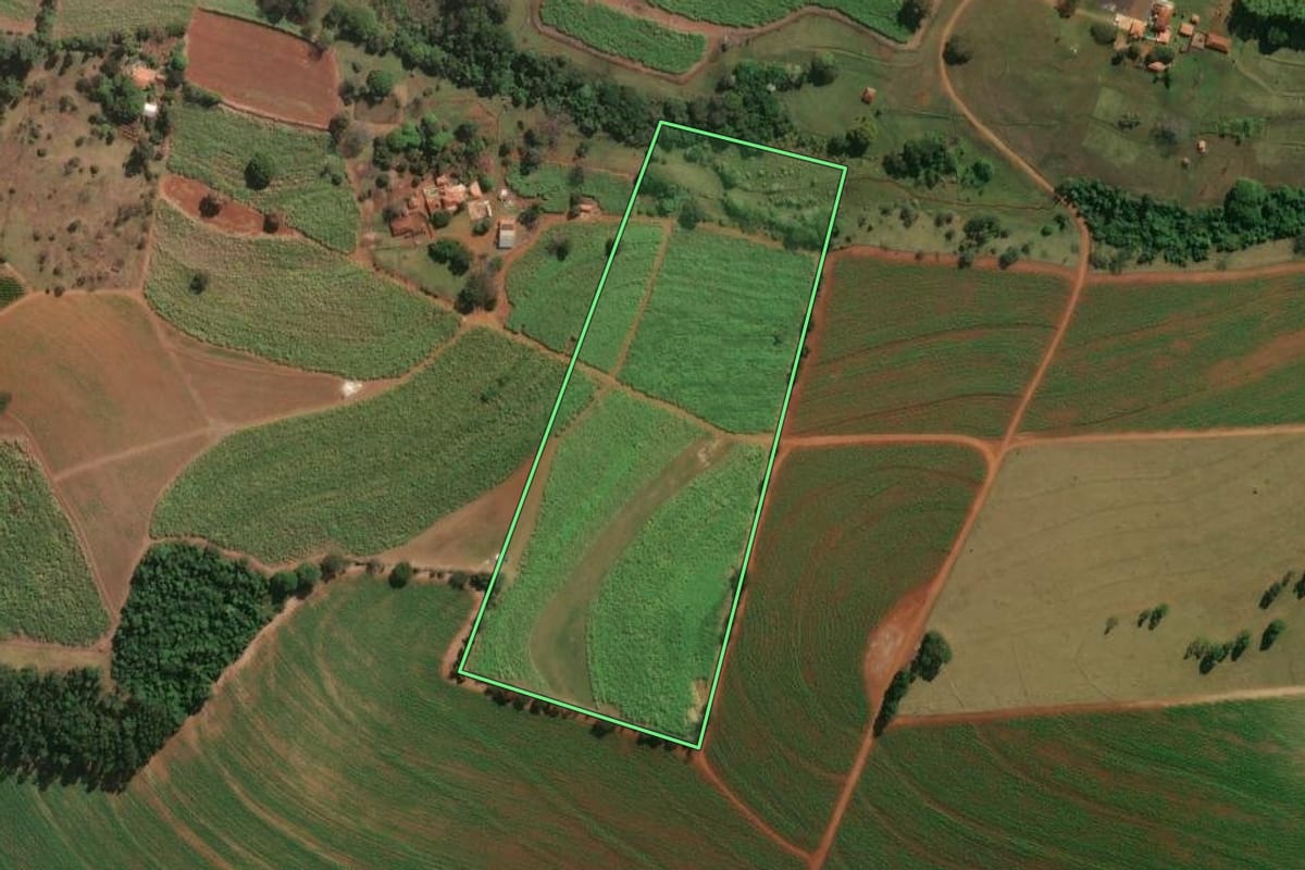 Imagem de satélite do imóvel rural em Cajuru (SP), com o contorno declarado no CAR desenhado por cima.