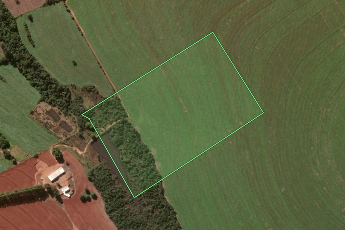 Imagem de satélite do imóvel rural em Campos Novos Paulista (SP), com o contorno declarado no CAR desenhado por cima.