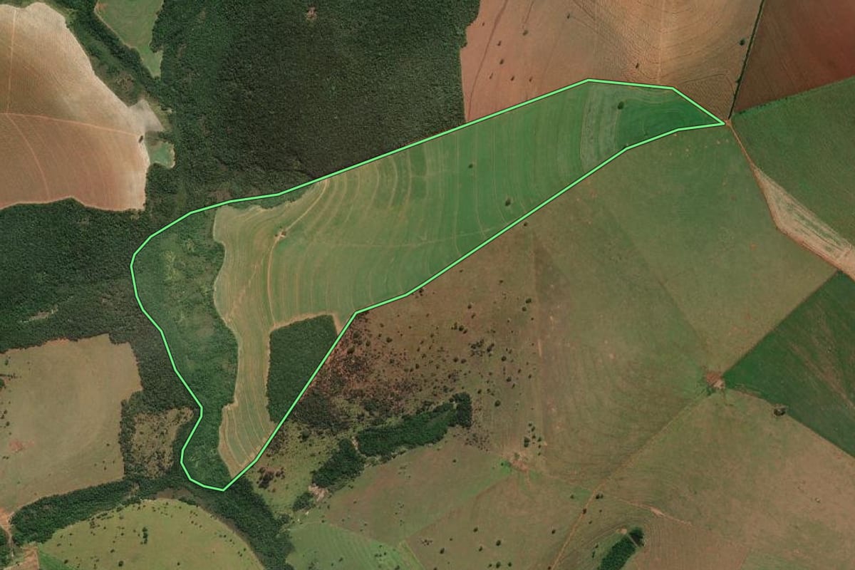 Imagem de satélite do imóvel rural em Campos Novos Paulista (SP), com o contorno declarado no CAR desenhado por cima.