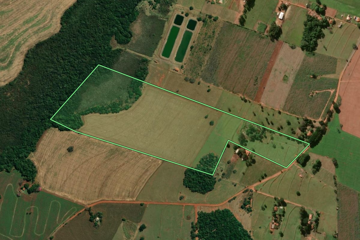 Imagem de satélite do imóvel rural em Campos Novos Paulista (SP), com o contorno declarado no CAR desenhado por cima.