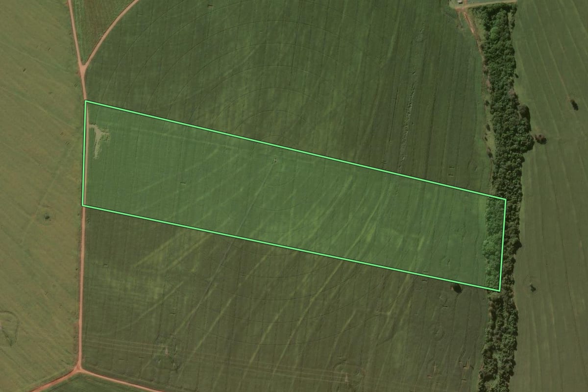 Imagem de satélite do imóvel rural em Campos Novos Paulista (SP), com o contorno declarado no CAR desenhado por cima.