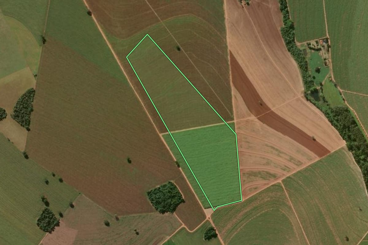 Imagem de satélite do imóvel rural em Campos Novos Paulista (SP), com o contorno declarado no CAR desenhado por cima.