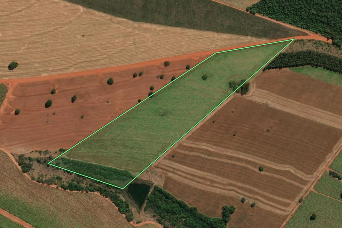 Imagem de satélite do imóvel rural em Campos Novos Paulista (SP), com o contorno declarado no CAR desenhado por cima.