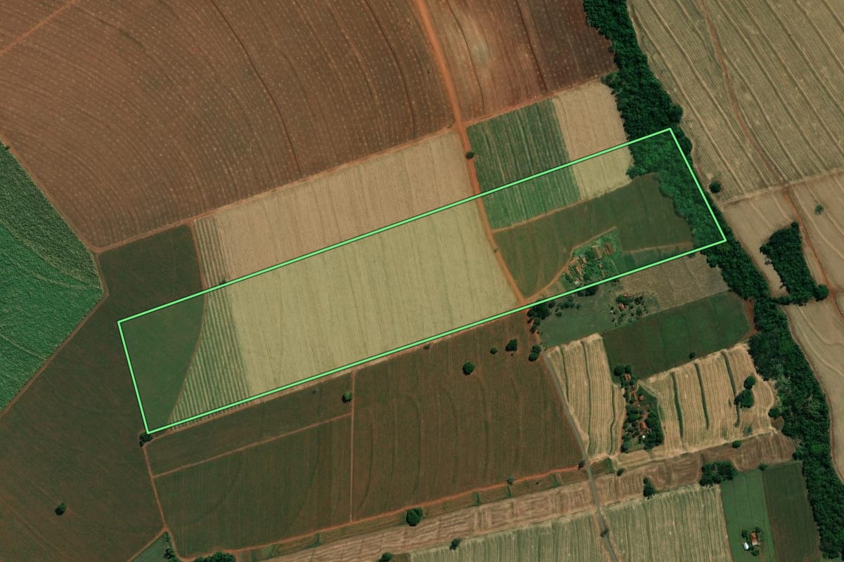 Imagem de satélite do imóvel rural em Campos Novos Paulista (SP), com o contorno declarado no CAR desenhado por cima.