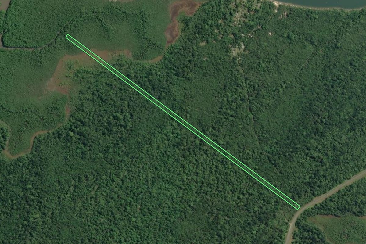 Imagem de satélite do imóvel rural em Cananéia (SP), com o contorno declarado no CAR desenhado por cima.