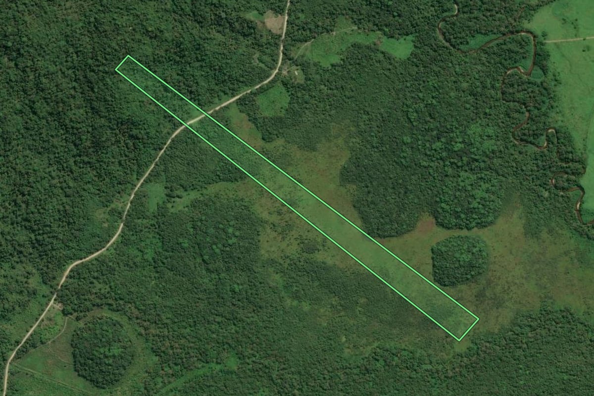 Imagem de satélite do imóvel rural em Cananéia (SP), com o contorno declarado no CAR desenhado por cima.