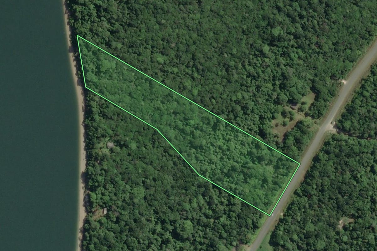 Imagem de satélite do imóvel rural em Cananéia (SP), com o contorno declarado no CAR desenhado por cima.