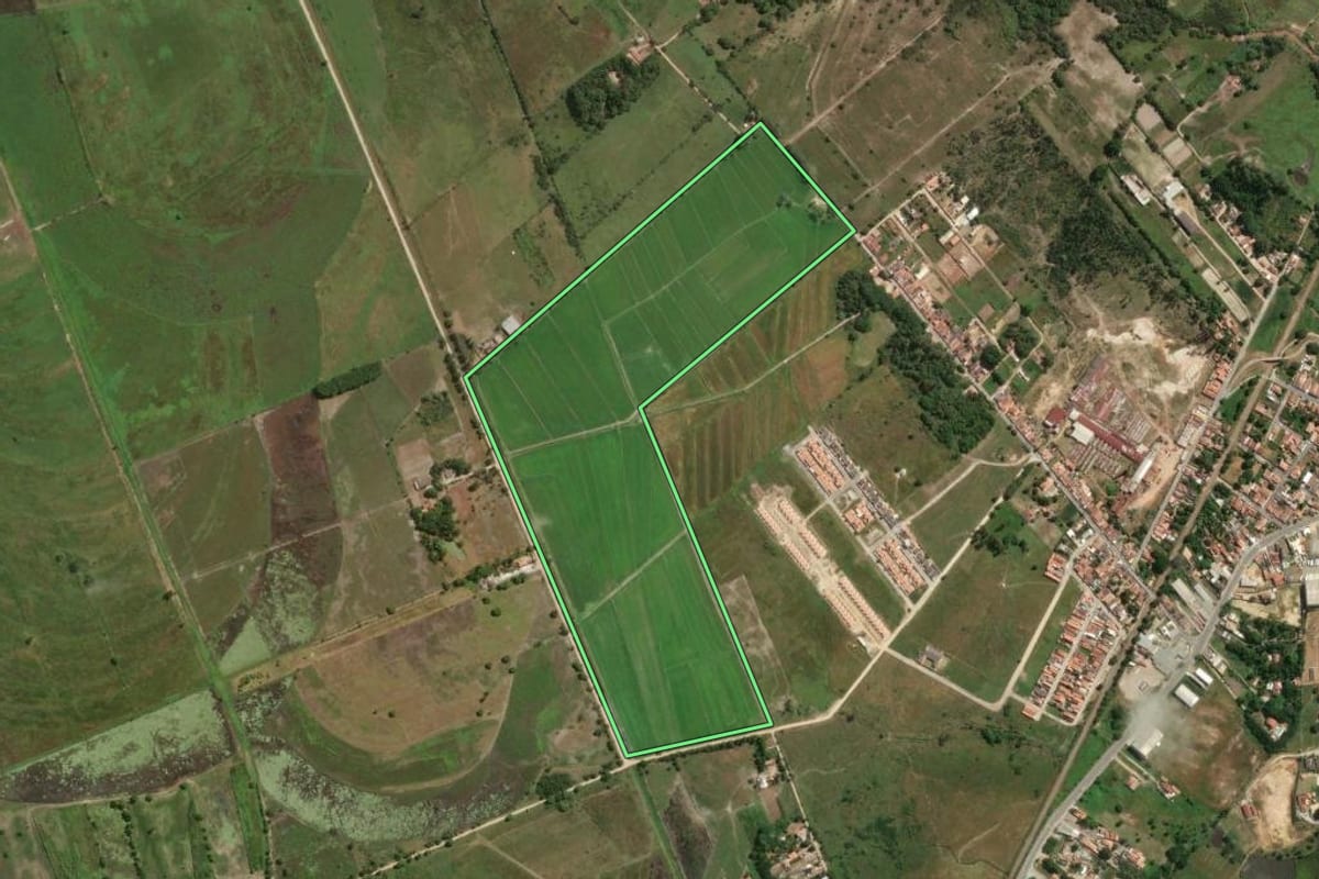 Imagem de satélite do imóvel rural em Canas (SP), com o contorno declarado no CAR desenhado por cima.