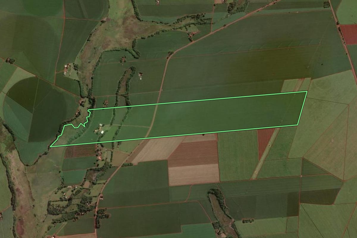 Imagem de satélite do imóvel rural em Cândido Mota (SP), com o contorno declarado no CAR desenhado por cima.