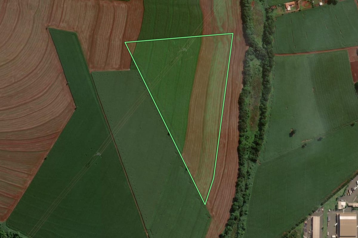 Imagem de satélite do imóvel rural em Cândido Mota (SP), com o contorno declarado no CAR desenhado por cima.