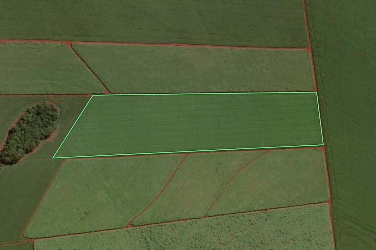 Imagem de satélite do imóvel rural em Cândido Mota (SP), com o contorno declarado no CAR desenhado por cima.