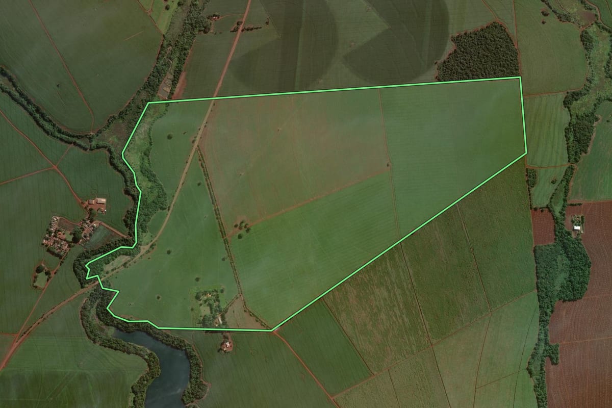 Imagem de satélite do imóvel rural em Cândido Mota (SP), com o contorno declarado no CAR desenhado por cima.