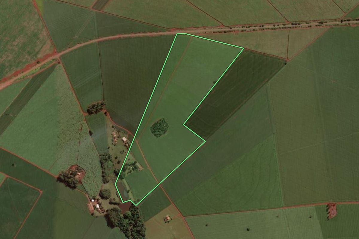 Imagem de satélite do imóvel rural em Cândido Mota (SP), com o contorno declarado no CAR desenhado por cima.