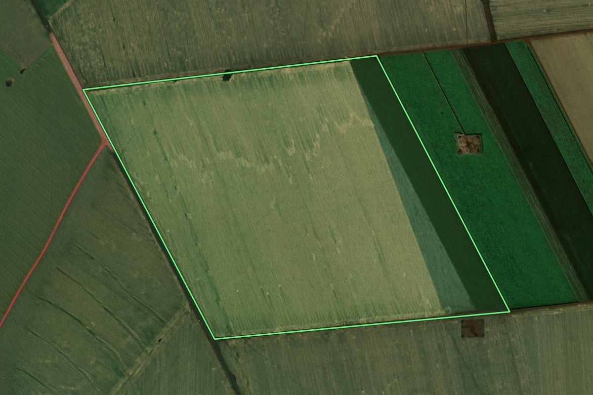 Imagem de satélite do imóvel rural em Cândido Mota (SP), com o contorno declarado no CAR desenhado por cima.