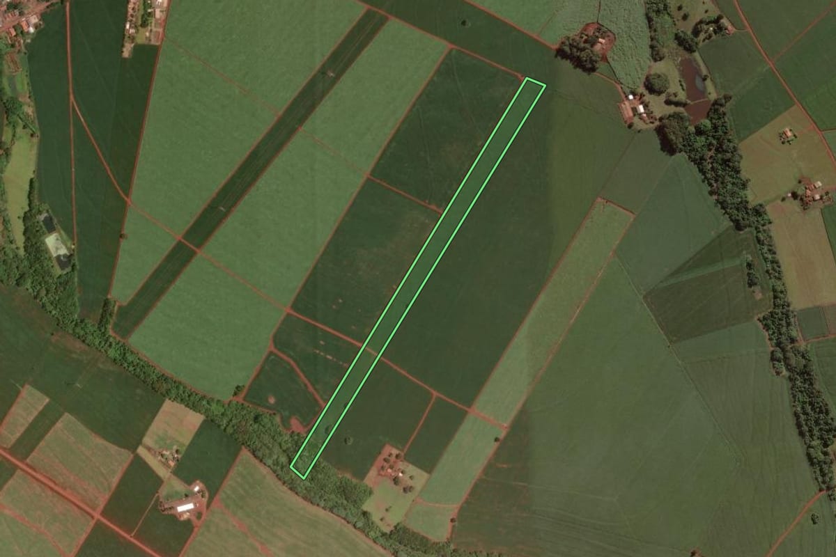 Imagem de satélite do imóvel rural em Cândido Mota (SP), com o contorno declarado no CAR desenhado por cima.