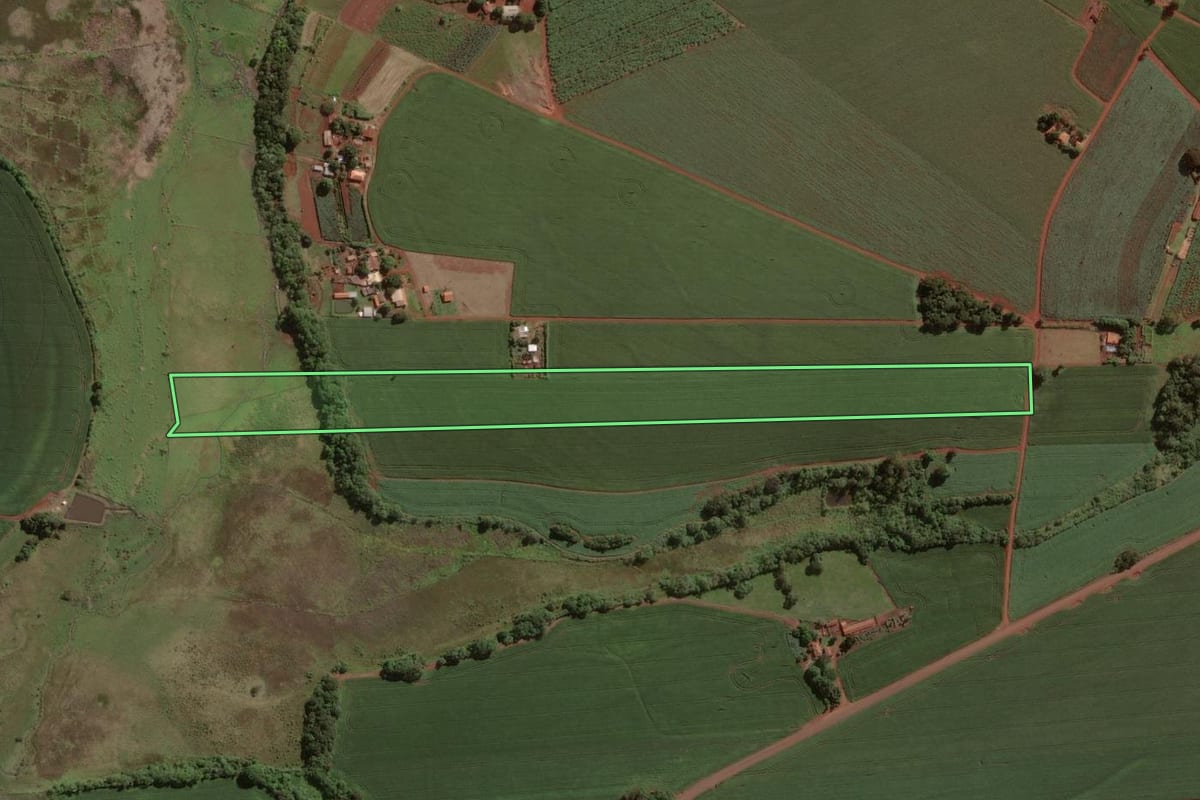 Imagem de satélite do imóvel rural em Cândido Mota (SP), com o contorno declarado no CAR desenhado por cima.