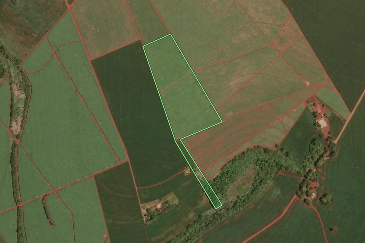Imagem de satélite do imóvel rural em Cândido Mota (SP), com o contorno declarado no CAR desenhado por cima.