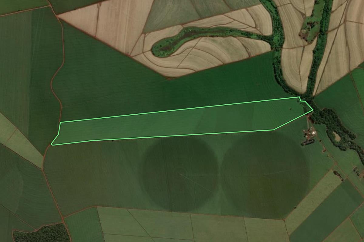 Imagem de satélite do imóvel rural em Cândido Mota (SP), com o contorno declarado no CAR desenhado por cima.