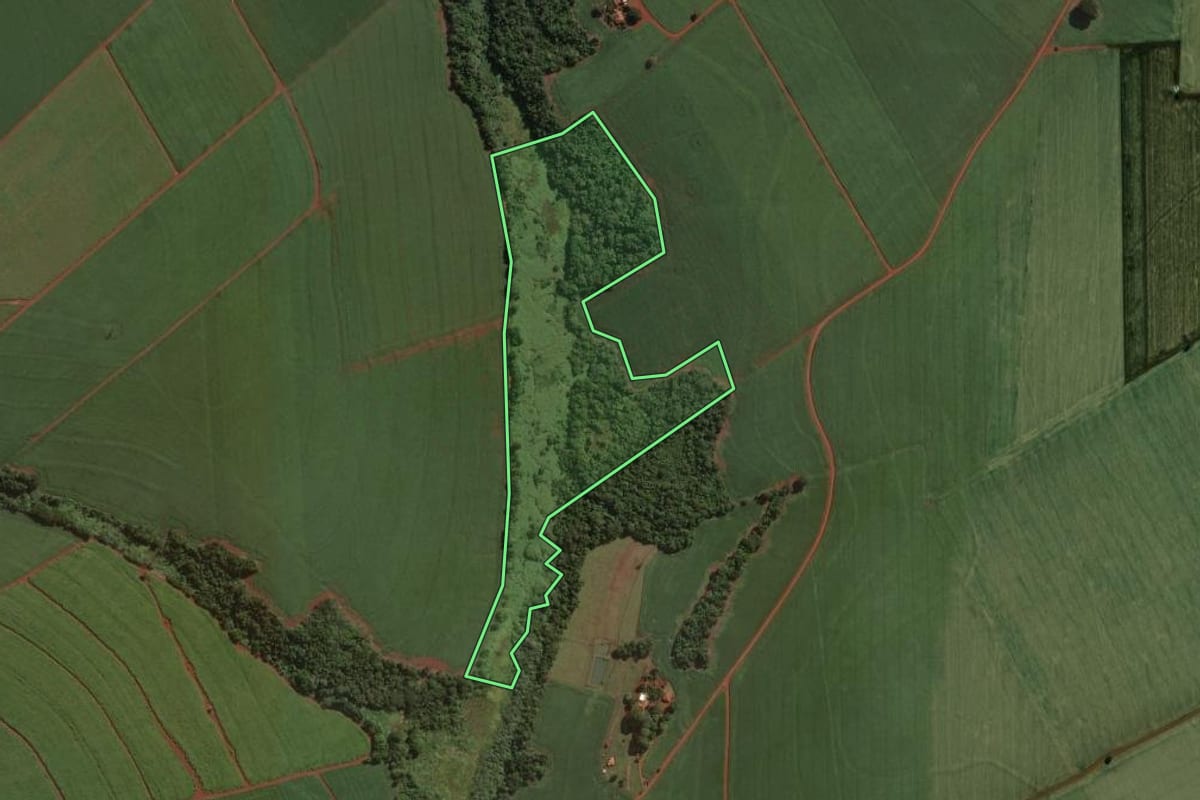 Imagem de satélite do imóvel rural em Cândido Mota (SP), com o contorno declarado no CAR desenhado por cima.