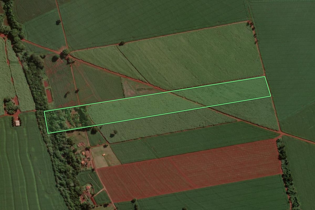 Imagem de satélite do imóvel rural em Cândido Mota (SP), com o contorno declarado no CAR desenhado por cima.