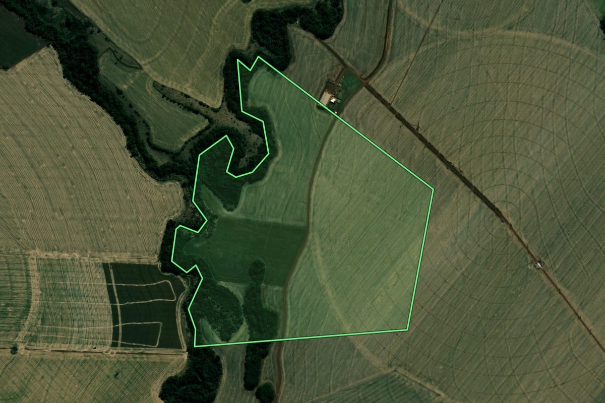 Imagem de satélite do imóvel rural em Cândido Mota (SP), com o contorno declarado no CAR desenhado por cima.