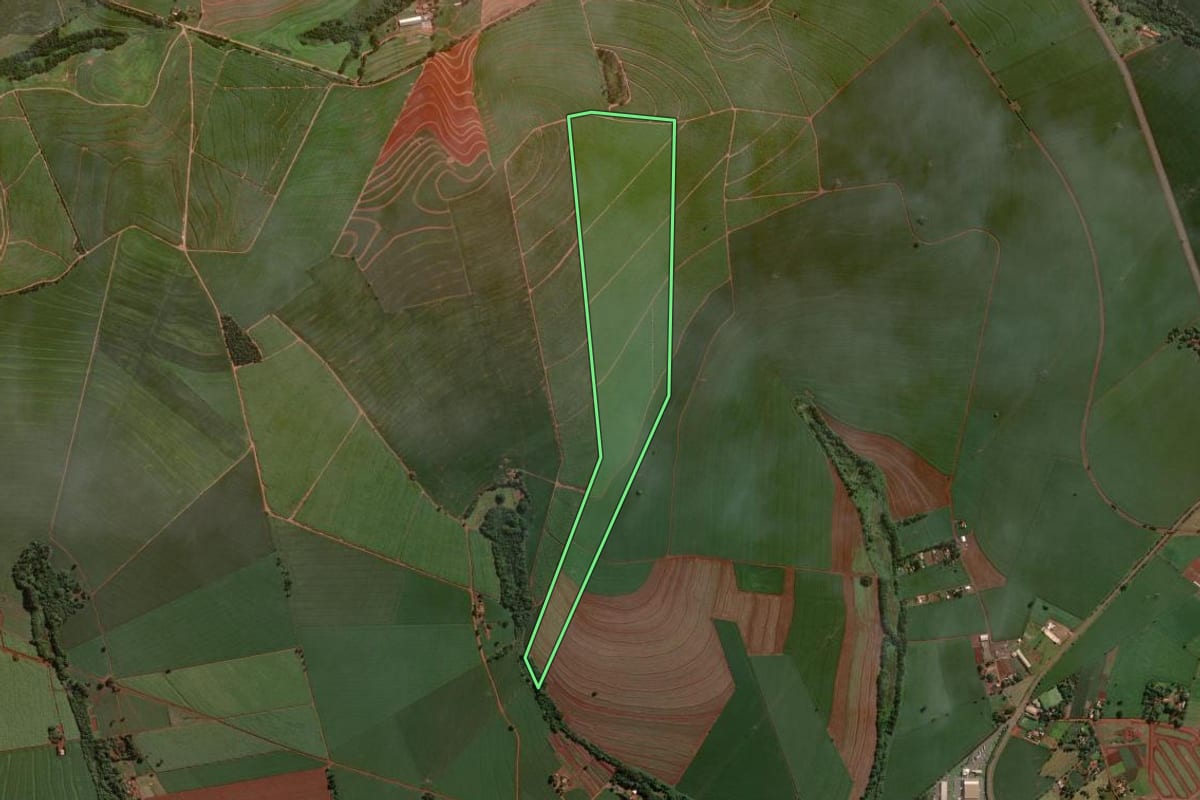 Imagem de satélite do imóvel rural em Cândido Mota (SP), com o contorno declarado no CAR desenhado por cima.