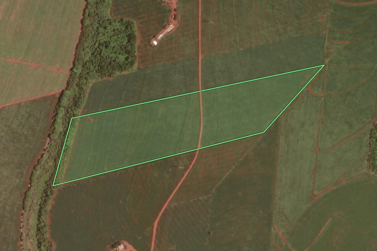 Imagem de satélite do imóvel rural em Cândido Mota (SP), com o contorno declarado no CAR desenhado por cima.