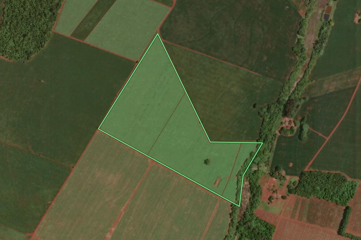 Imagem de satélite do imóvel rural em Cândido Mota (SP), com o contorno declarado no CAR desenhado por cima.