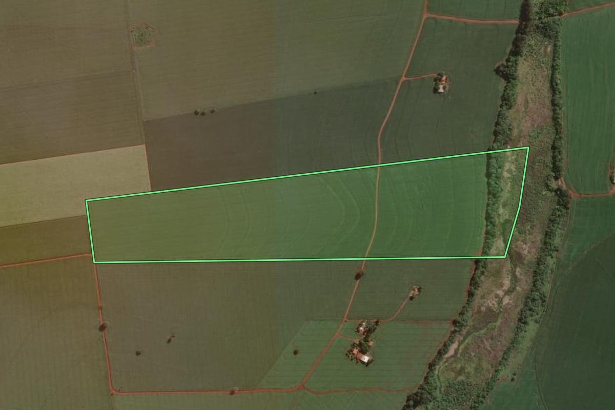 Imagem de satélite do imóvel rural em Cândido Mota (SP), com o contorno declarado no CAR desenhado por cima.