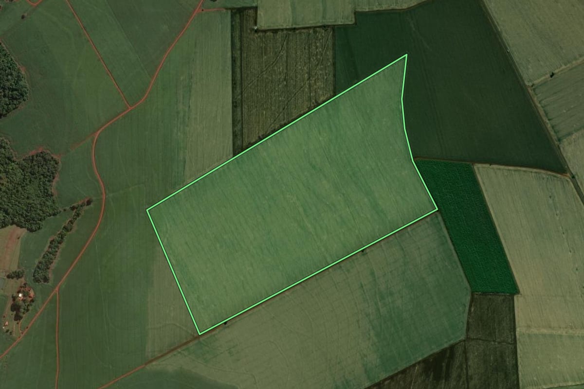 Imagem de satélite do imóvel rural em Cândido Mota (SP), com o contorno declarado no CAR desenhado por cima.