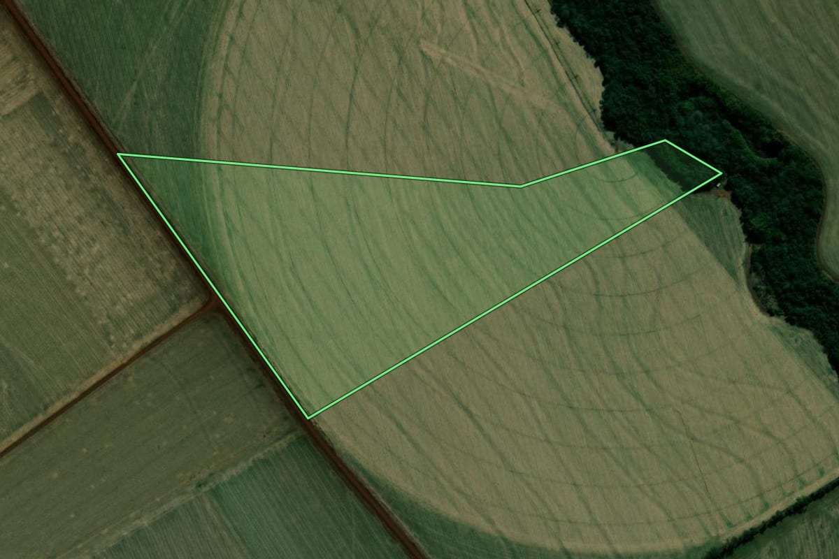 Imagem de satélite do imóvel rural em Cândido Mota (SP), com o contorno declarado no CAR desenhado por cima.