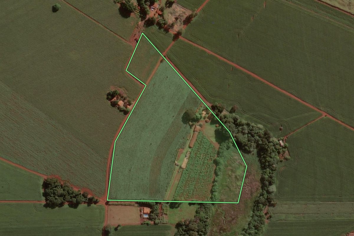 Imagem de satélite do imóvel rural em Cândido Mota (SP), com o contorno declarado no CAR desenhado por cima.