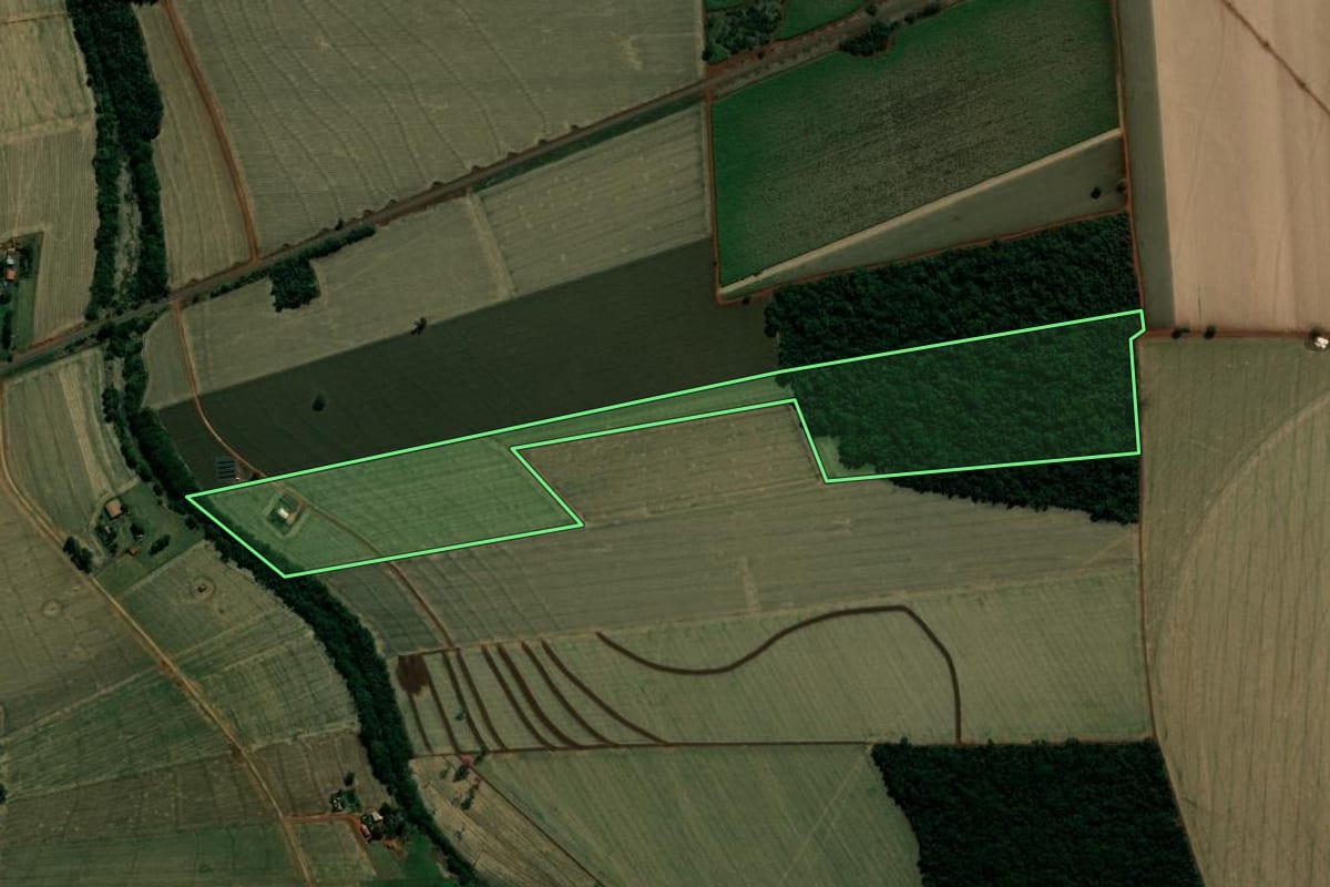 Imagem de satélite do imóvel rural em Cândido Mota (SP), com o contorno declarado no CAR desenhado por cima.