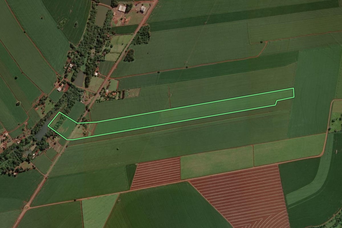 Imagem de satélite do imóvel rural em Cândido Mota (SP), com o contorno declarado no CAR desenhado por cima.