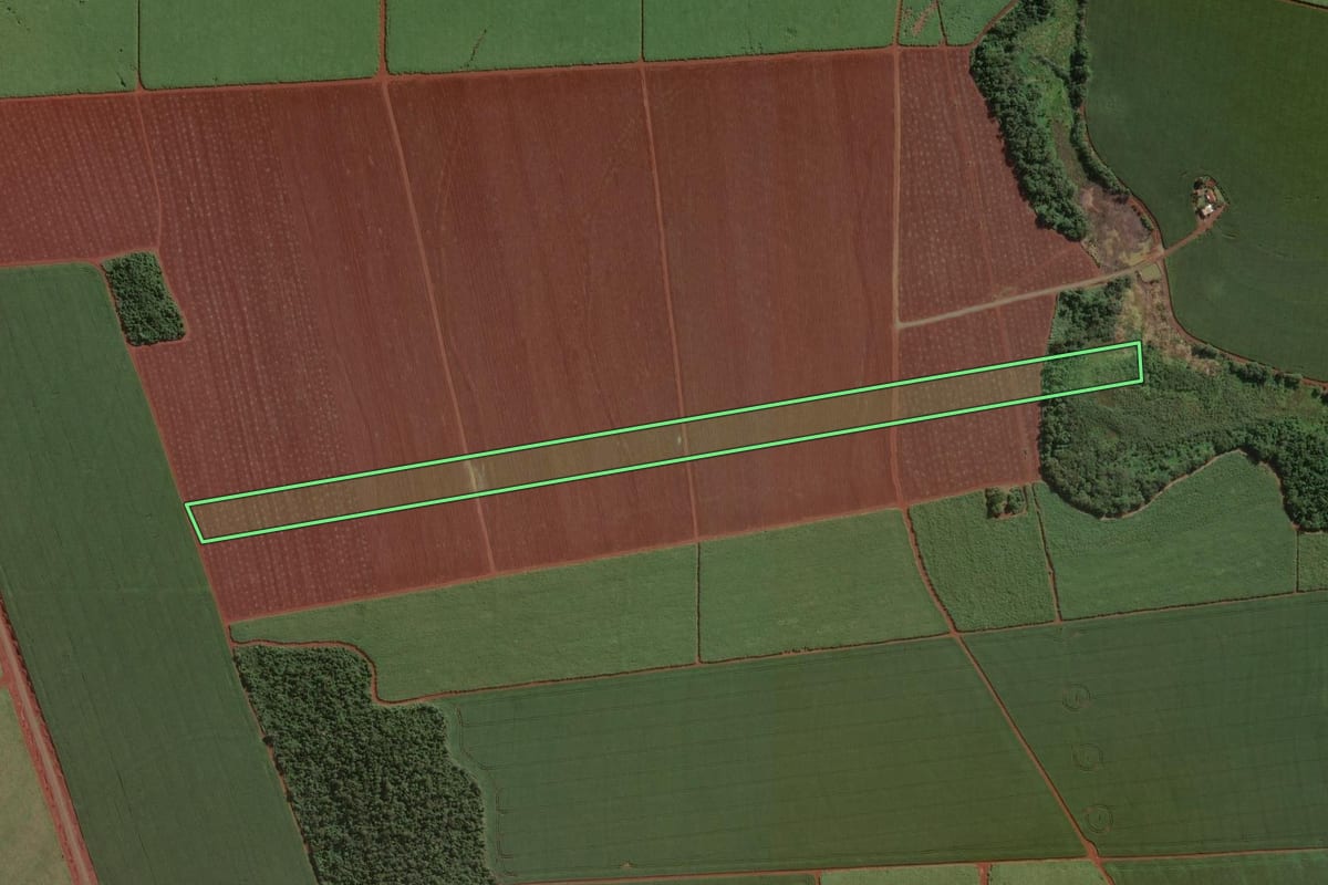 Imagem de satélite do imóvel rural em Cândido Mota (SP), com o contorno declarado no CAR desenhado por cima.
