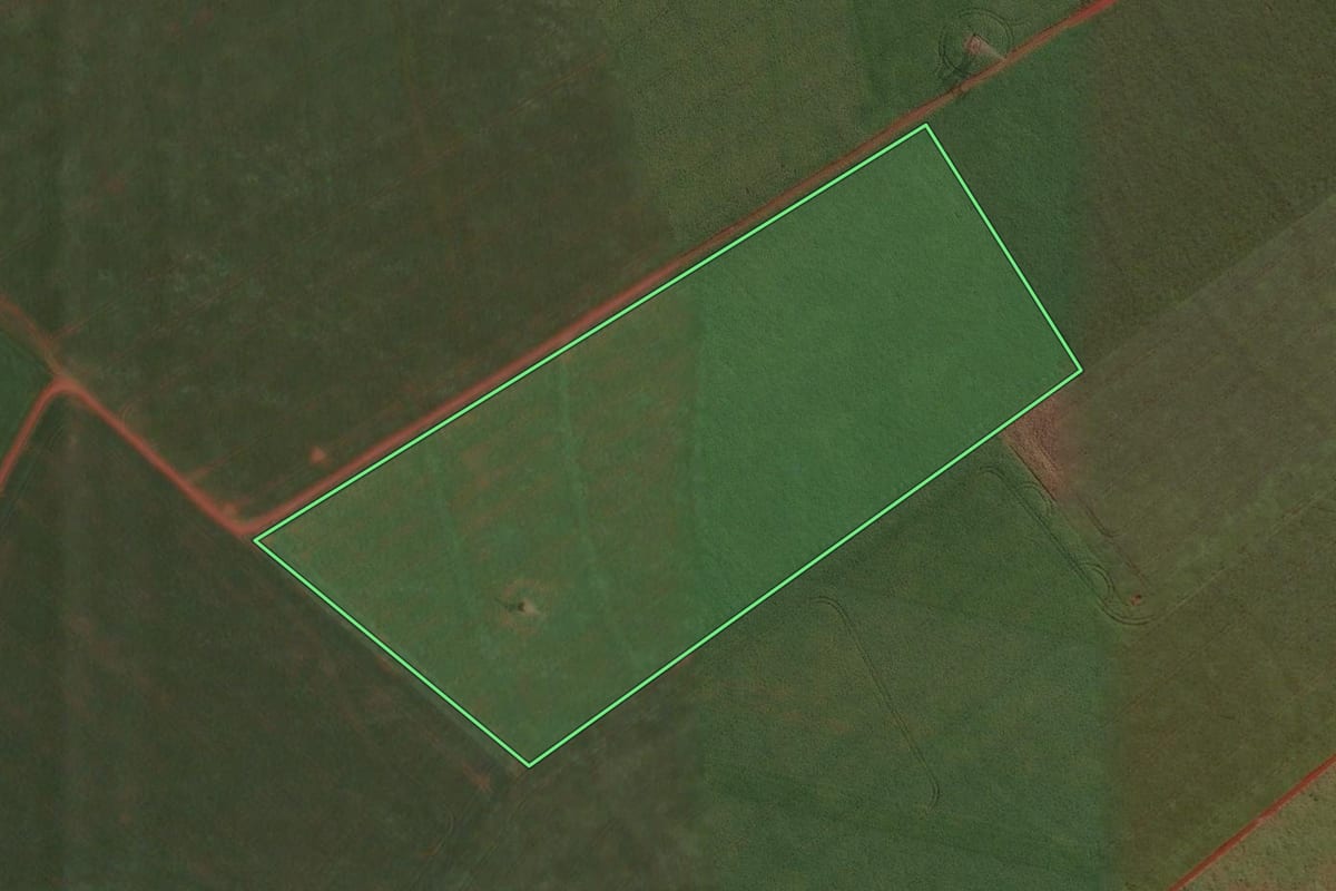 Imagem de satélite do imóvel rural em Cândido Mota (SP), com o contorno declarado no CAR desenhado por cima.