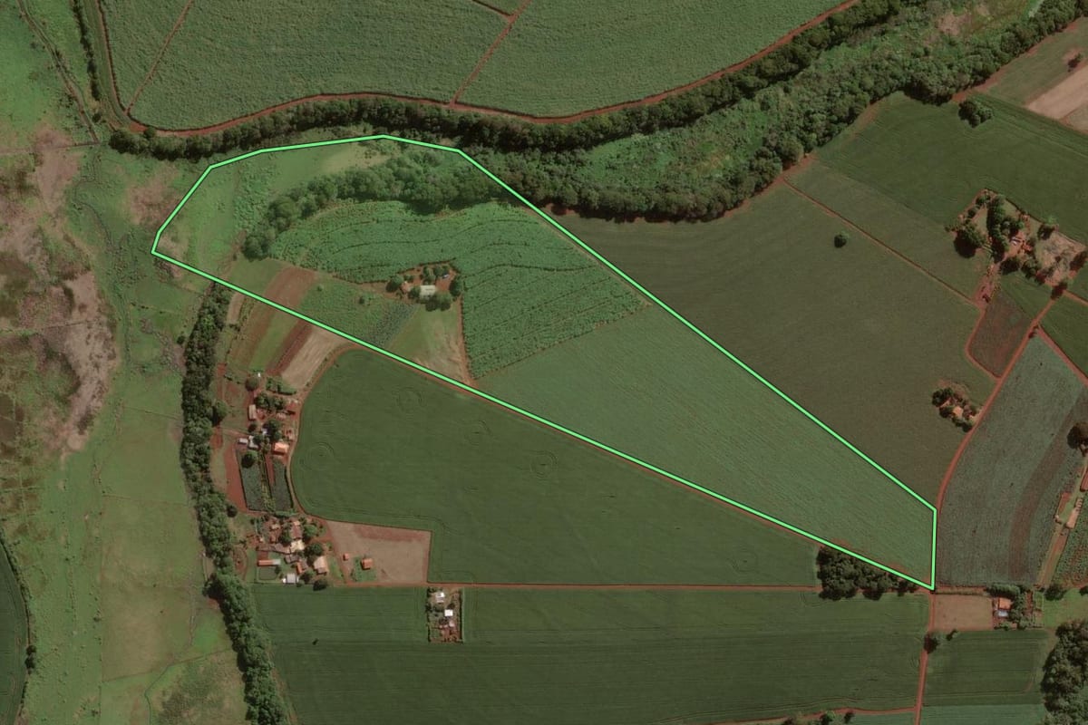Imagem de satélite do imóvel rural em Cândido Mota (SP), com o contorno declarado no CAR desenhado por cima.