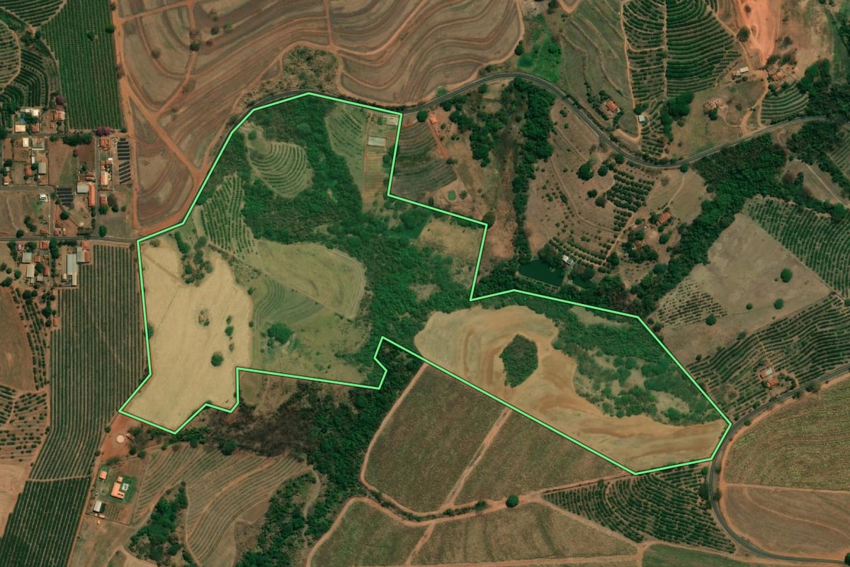 Imagem de satélite do imóvel rural em Cândido Rodrigues (SP), com o contorno declarado no CAR desenhado por cima.
