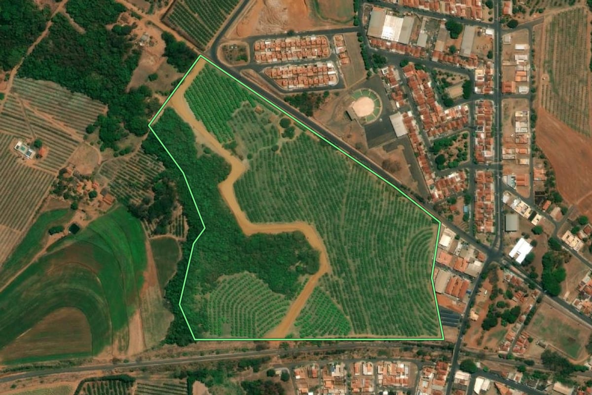 Imagem de satélite do imóvel rural em Cândido Rodrigues (SP), com o contorno declarado no CAR desenhado por cima.