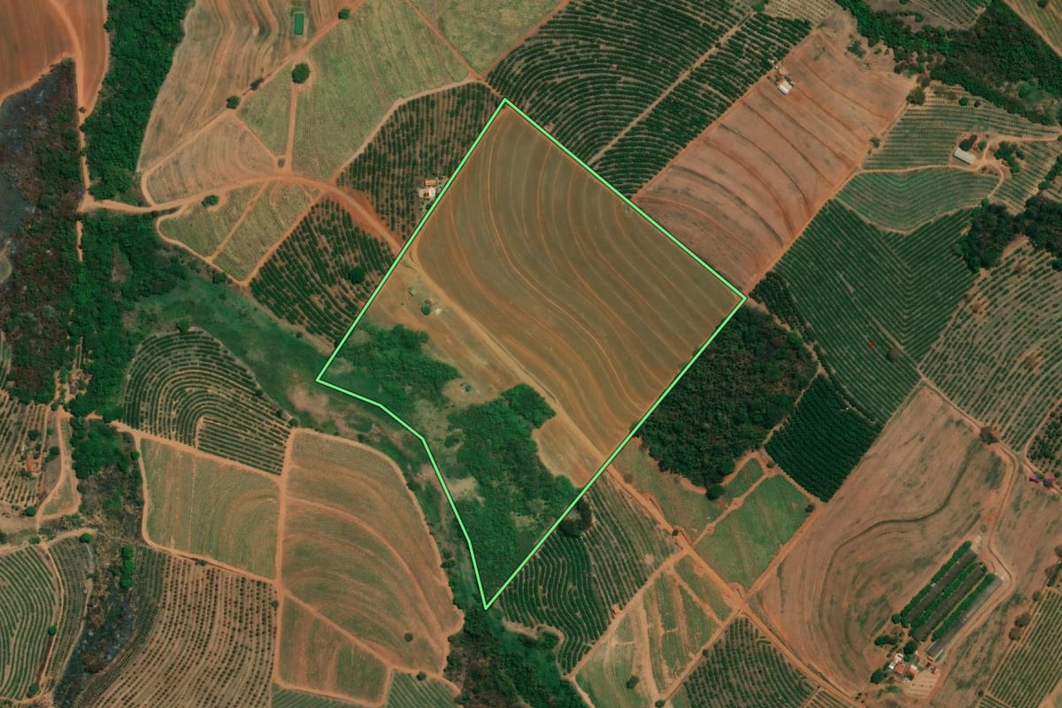 Imagem de satélite do imóvel rural em Cândido Rodrigues (SP), com o contorno declarado no CAR desenhado por cima.