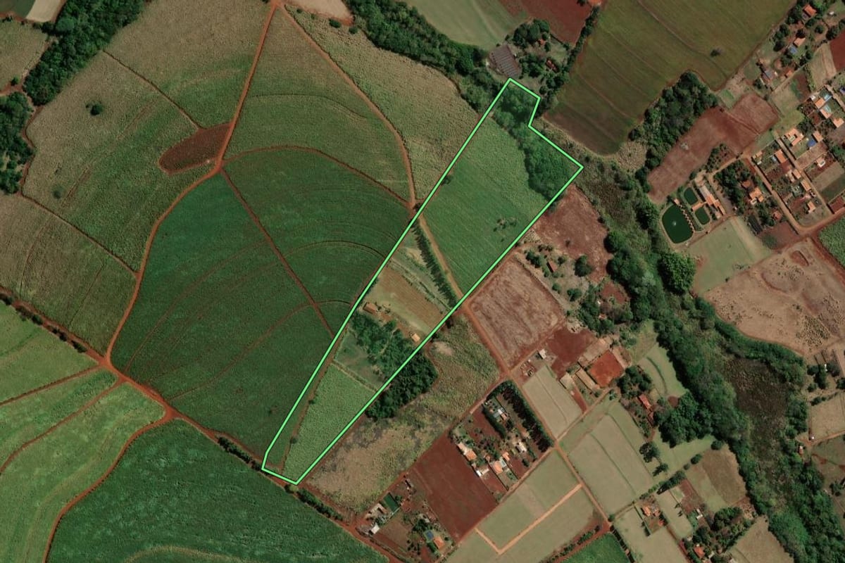 Imagem de satélite do imóvel rural em Canitar (SP), com o contorno declarado no CAR desenhado por cima.