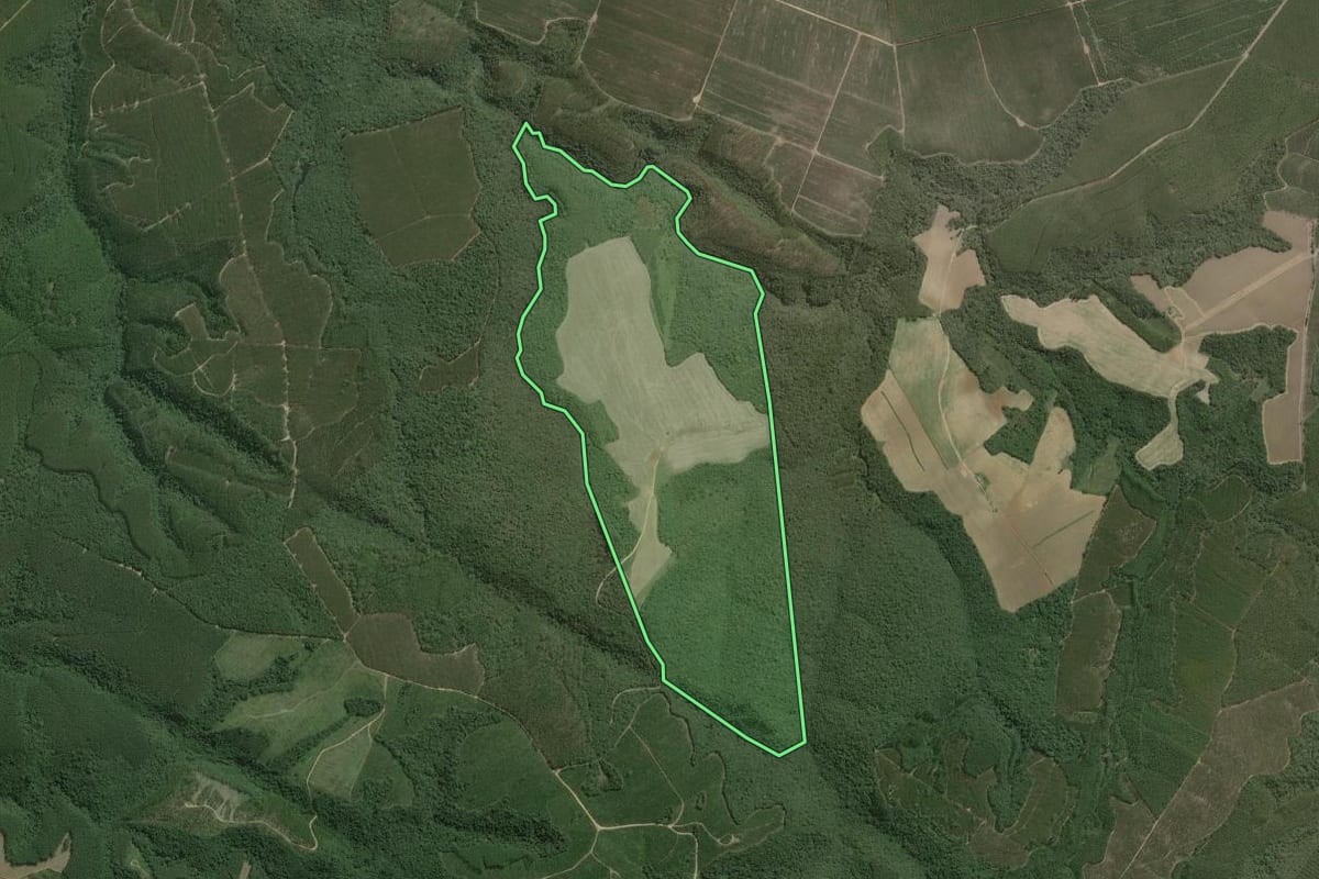 Imagem de satélite do imóvel rural em Capão Bonito (SP), com o contorno declarado no CAR desenhado por cima.