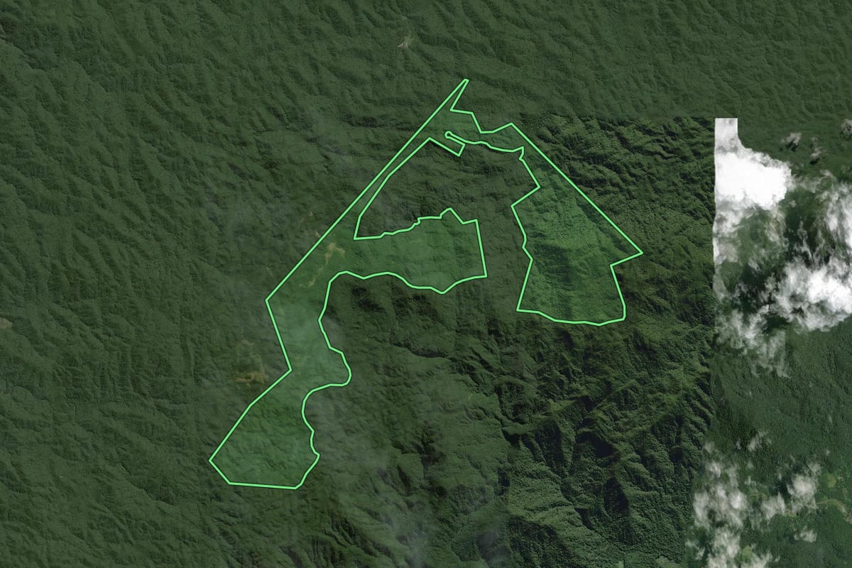 Imagem de satélite do imóvel rural em Capão Bonito (SP), com o contorno declarado no CAR desenhado por cima.