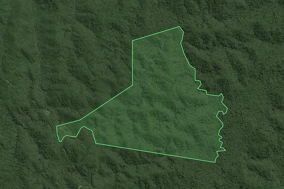 Imagem de satélite do imóvel rural em Capão Bonito (SP), com o contorno declarado no CAR desenhado por cima.